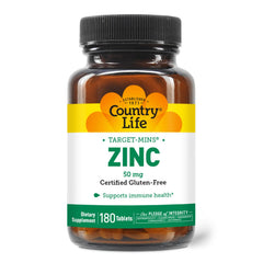 Country Life Target-Mins Zinc 50 mg bottle on a clean surface for daily immune support.