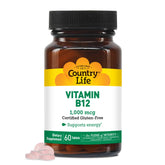 Country Life Vitamin B12 supplement bottle showing vegan and gluten-free labeling.