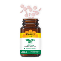 Country Life B12 tablets close-up highlighting 1000 mcg dosage.