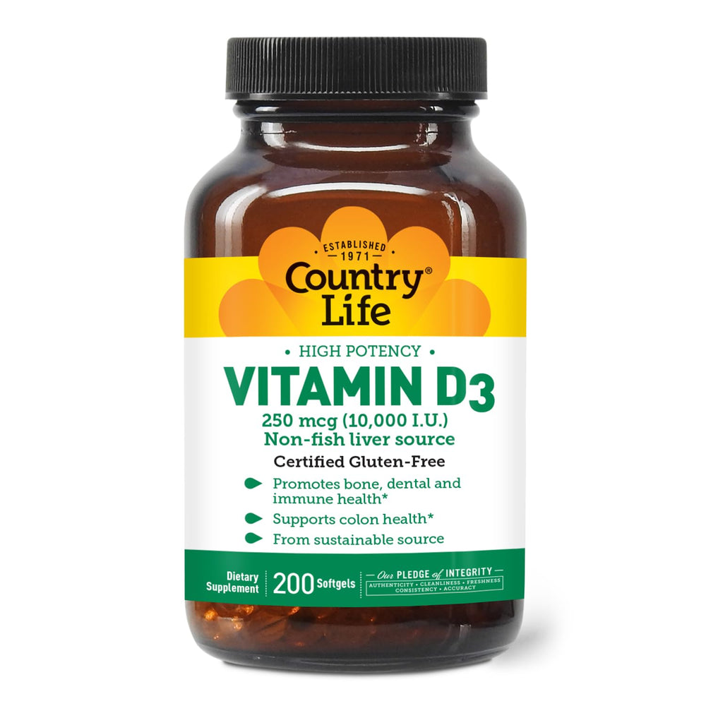 Country Life Vitamin D3 softgels bottle highlighting high potency formulation.
