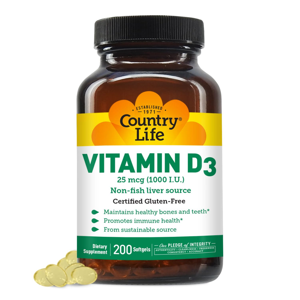 Country Life Vitamin D3 softgels bottle showing 1000 IU strength for daily support.