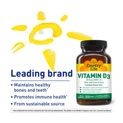 Country Life D3 softgels pour illustration demonstrates easy daily dosing.