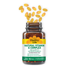 Country Life Vitamin E Complex tocopherols illustration showcases four-tocopherol antioxidant blend.