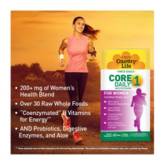 Bottle of Country Life Women’s Core 1 with a glass of water for quick daily intake