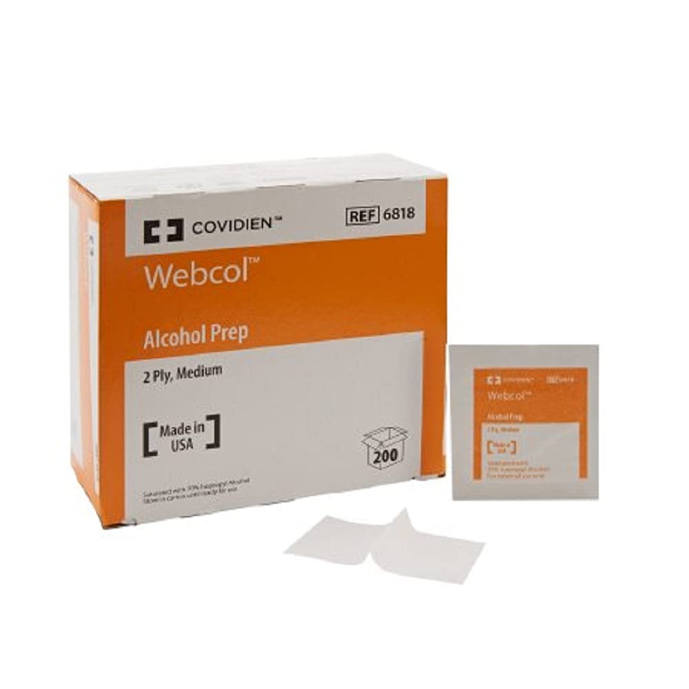 Covidien Webcol alcohol prep pad for sterile cleansing with 70% IPA, ideal for clinical and home use.