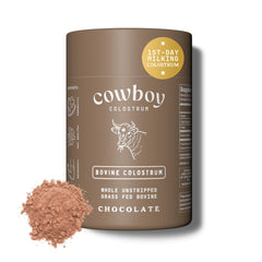 Cowboy Colostrum chocolate bottle, showcasing packaging and potential daily wellness support.