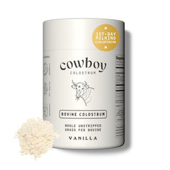 Cowboy Colostrum Powder bottle shows vanilla flavor for daily wellness.