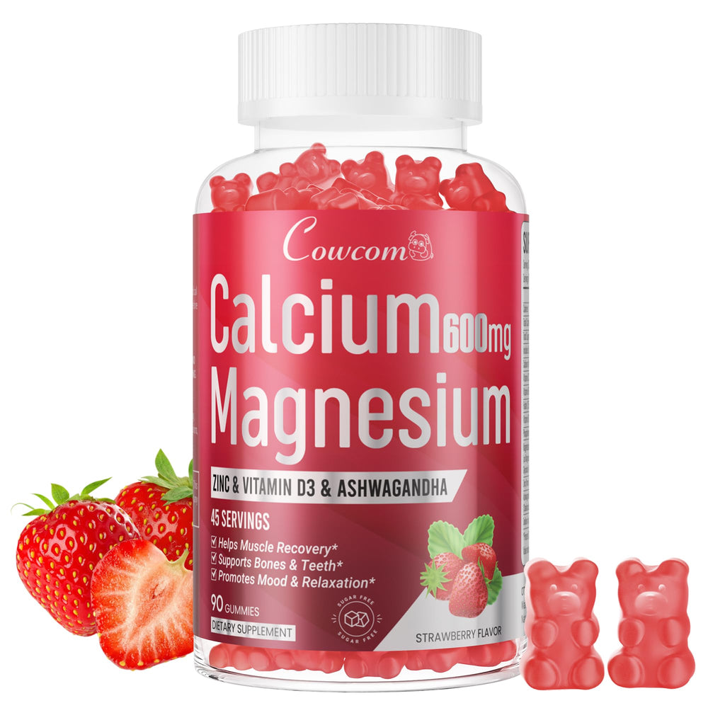 Cowcom calcium magnesium zinc gummies strawberry bottle highlights bone health support