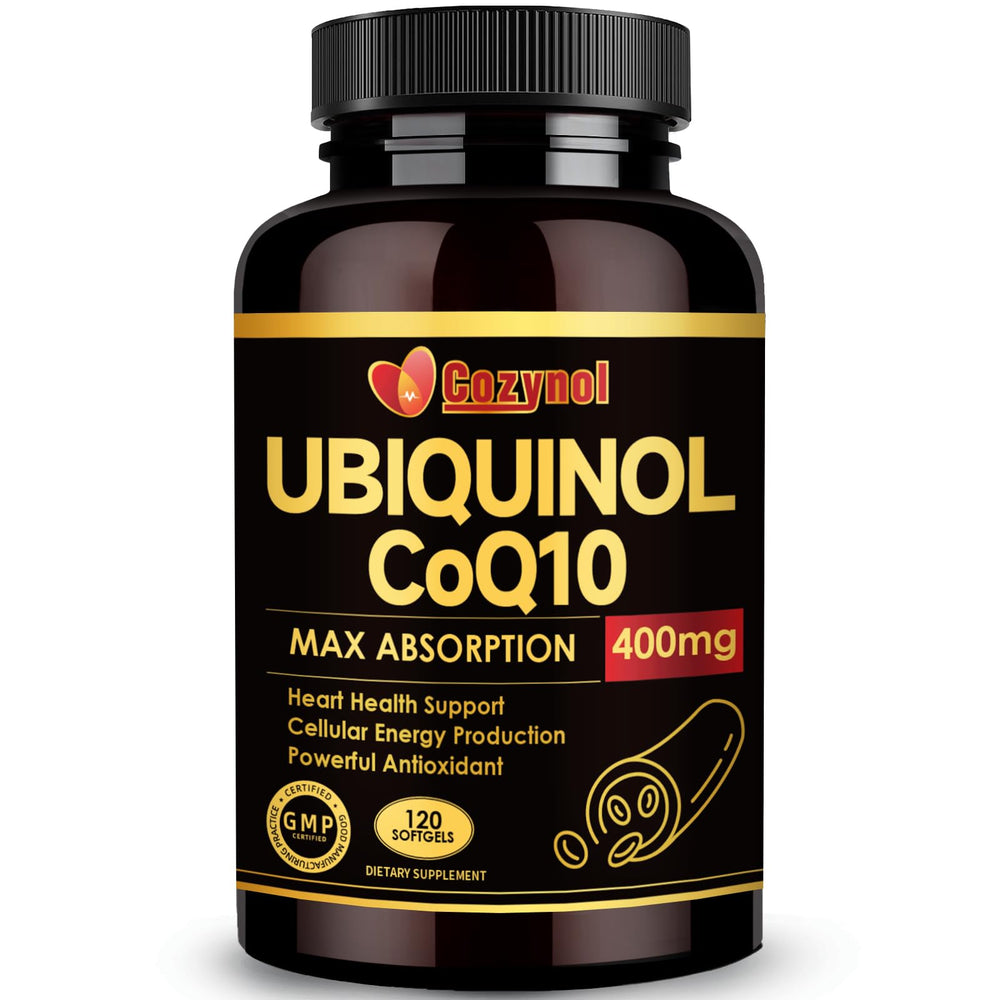 Cozynol ubiquinol CoQ10 softgels bottle closeup highlighting absorption benefits.