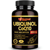 Cozynol ubiquinol CoQ10 softgels bottle closeup highlighting absorption benefits.