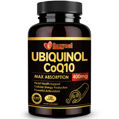 Cozynol ubiquinol CoQ10 softgels bottle closeup highlighting absorption benefits.