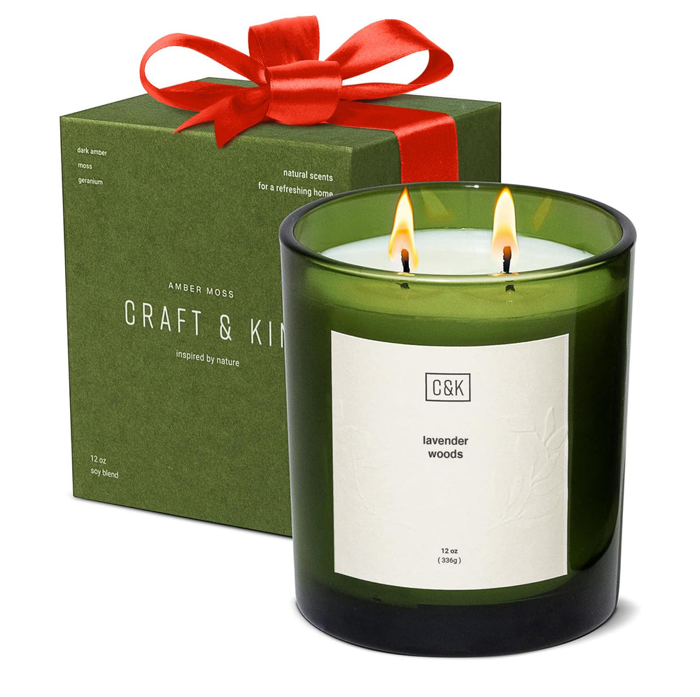 Craft & Kin Lavender Woods green jar candle enhances cozy living room ambiance