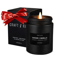 Craft & Kin Premium Smoke & Vanilla Candle in elegant gift packaging, ideal for gifting.