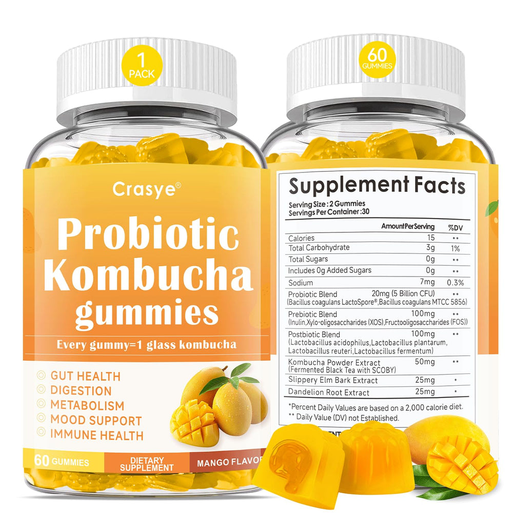 Crasye Probiotic Kombucha Gummies bottle front, mango flavor, for daily digestive support