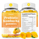 Crasye Probiotic Kombucha Gummies bottle front, mango flavor, for daily digestive support