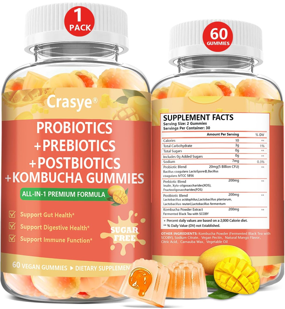 Crasye Probiotic Kombucha Gummies bottle on shelf for daily digestive support.