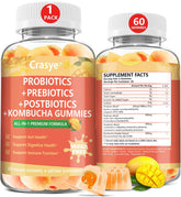 Crasye Probiotic Kombucha Gummies bottle on shelf for daily digestive support.