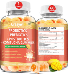Crasye Probiotic Kombucha Gummies bottle on shelf for daily digestive support.