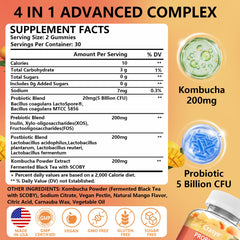 Crasye Probiotic Kombucha Gummies close-up of gummies highlighting mango flavor and sugar-free formula.