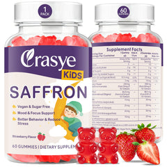 Crasye saffron gummies for kids on a bottle, promoting calm mood and focused daily routines.