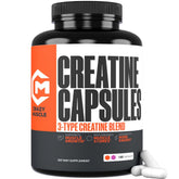 Crazy Muscle creatine capsules bottle showing convenient daily dosing for workouts
