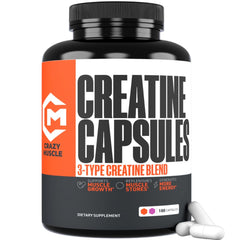 Crazy Muscle creatine capsules bottle showing convenient daily dosing for workouts