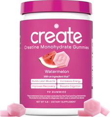 Create Creatine Monohydrate Gummies Watermelon pack close-up, convenient on-the-go supplementation.
