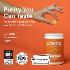 Create Creatine Monohydrate Gummies orange label view emphasizing vegan gluten-free quality