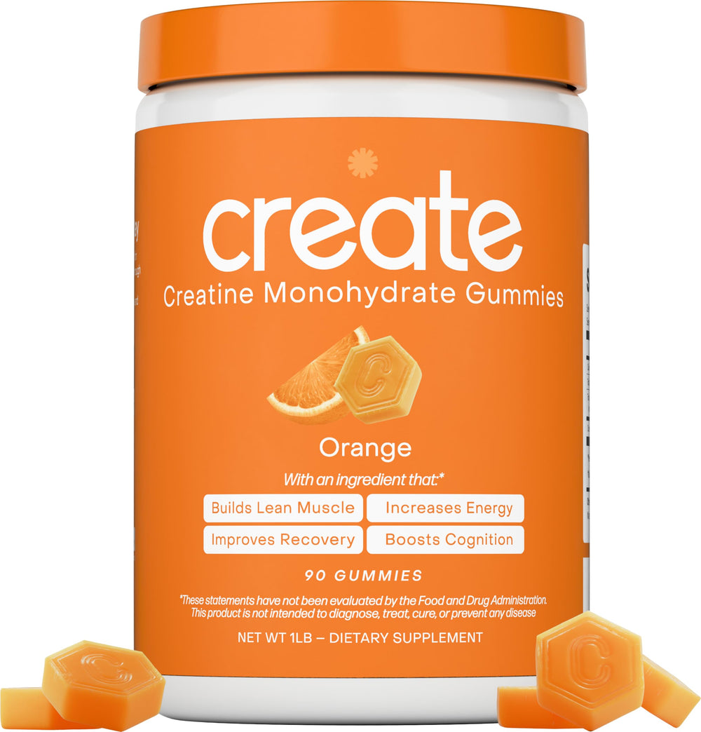 Create Creatine Monohydrate Gummies orange pack front for on-the-go energy support