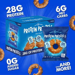 CRISP POWER high-protein pretzels nutrition panel emphasizes 6g net carbs.