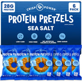 CRISP POWER high-protein pretzels sea salt packaging shows keto-friendly crunch for on-the-go snacking.