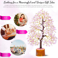 Crocon Rose Quartz Tree pink hue boosts meditation space with a soft glow.