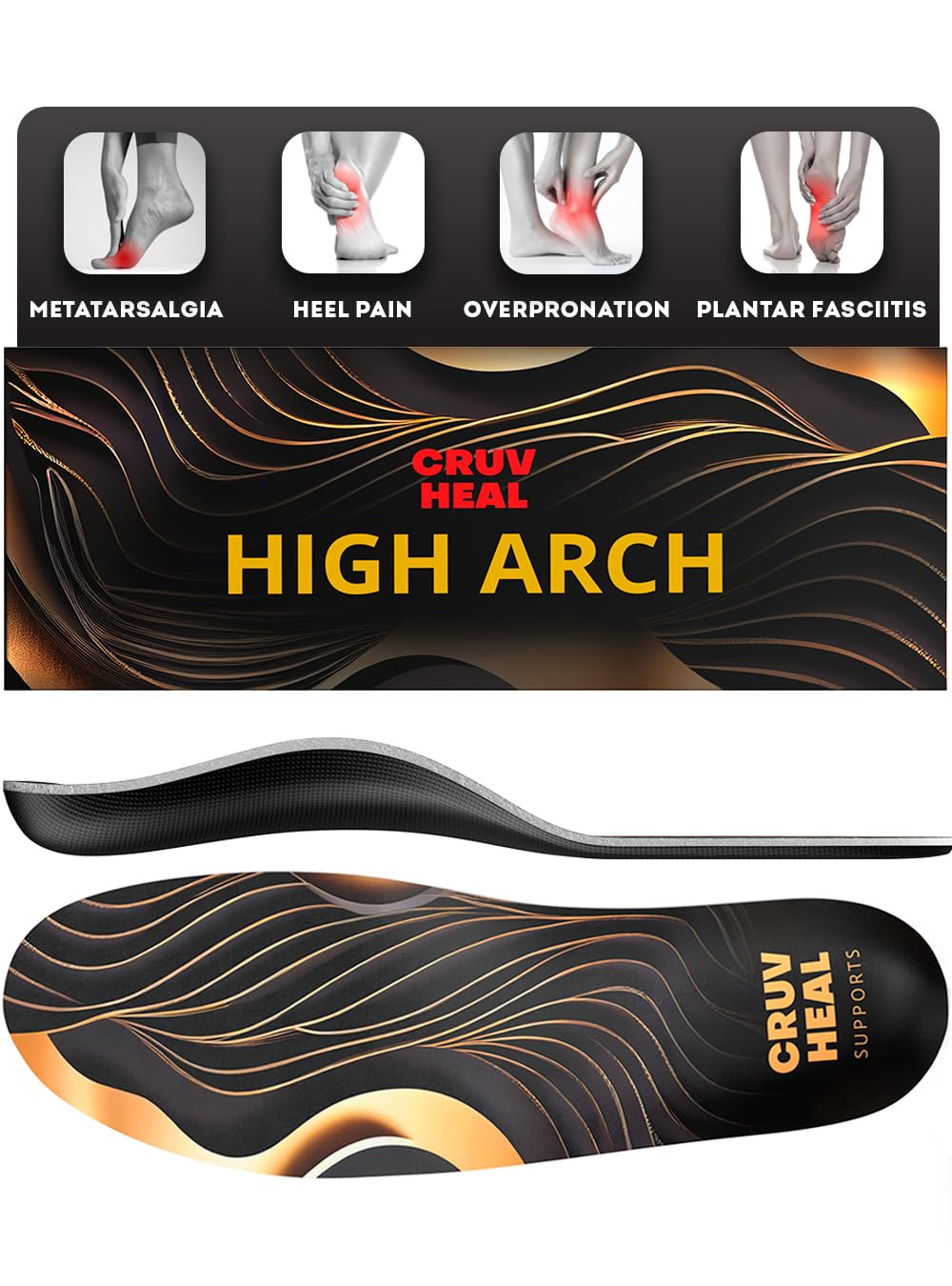 CRUVHEAL high-arch insoles front view offering arch support for daily comfort.