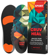 CRUVHEAL sport insoles with a deep heel cup stabilize the feet during rigorous workouts.