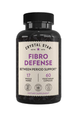 Crystal Star Fibro Defense bottle on a clean counter for daily wellness between periods.