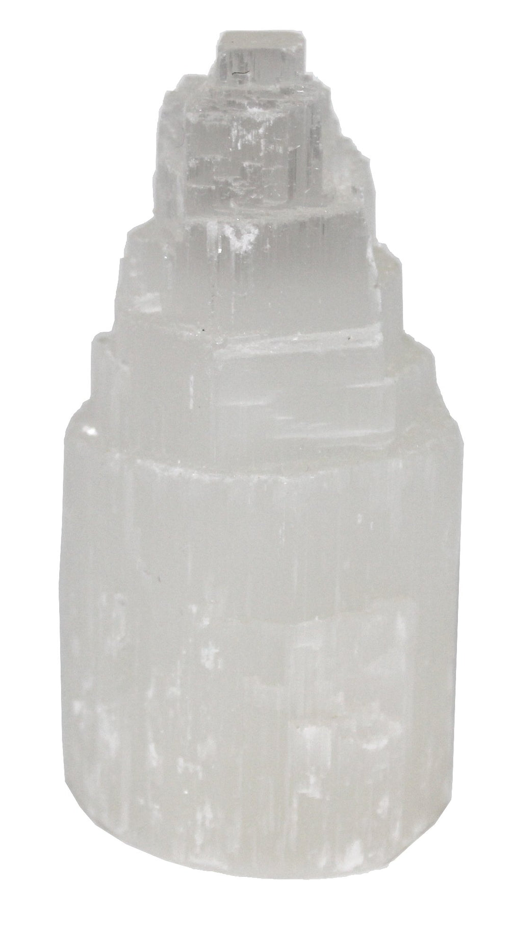 Crystalo Selenite Skyscraper stands 4 inches tall, ideal meditation centerpiece.