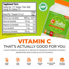 Dissolving C-Salts Vitamin C powder in water shows fast mix and refreshing drink.