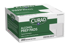 Curad alcohol prep pad cleans skin and removes oils before procedures.