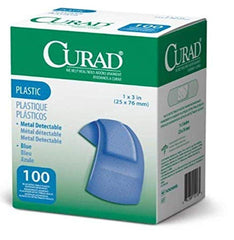 Curad Blue Flex-Fabric Bandage with metal-detectable features for easy visibility and safe food handling