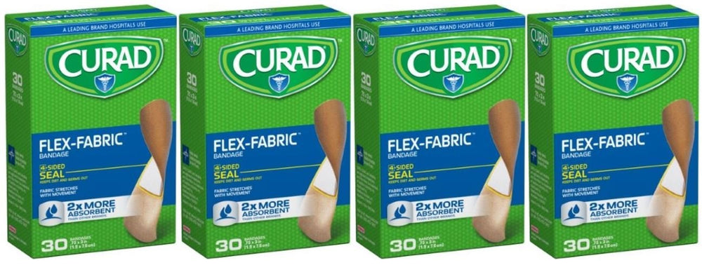 Curad Flex-Fabric bandages close-up show breathable, flexible fabric for comfortable wear.