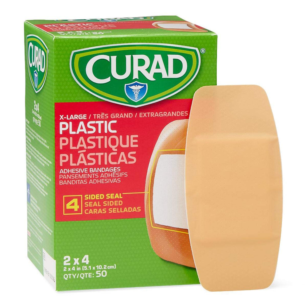 CURAD plastic adhesive bandage 2x4 box with four-sided seal for cleaner wounds.