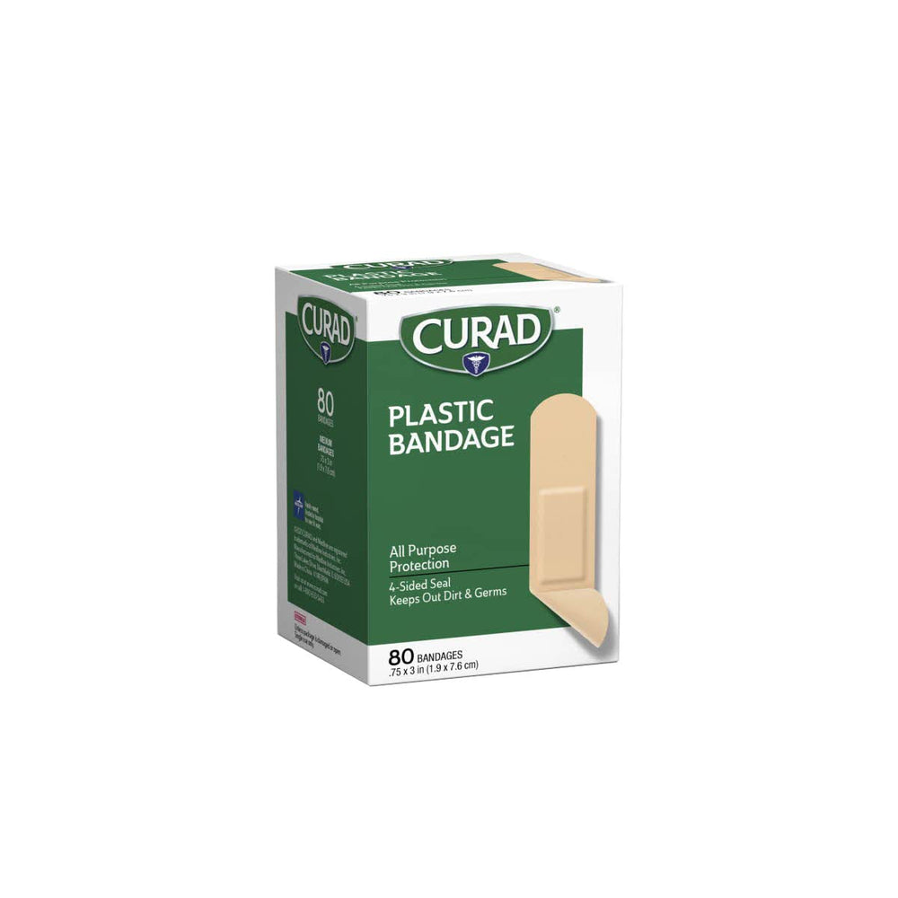 Curad plastic bandages pack shot showing a full box for everyday protection.