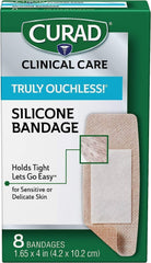 Curad Truly Ouchless XL bandages in pack with gentle silicone adhesive.