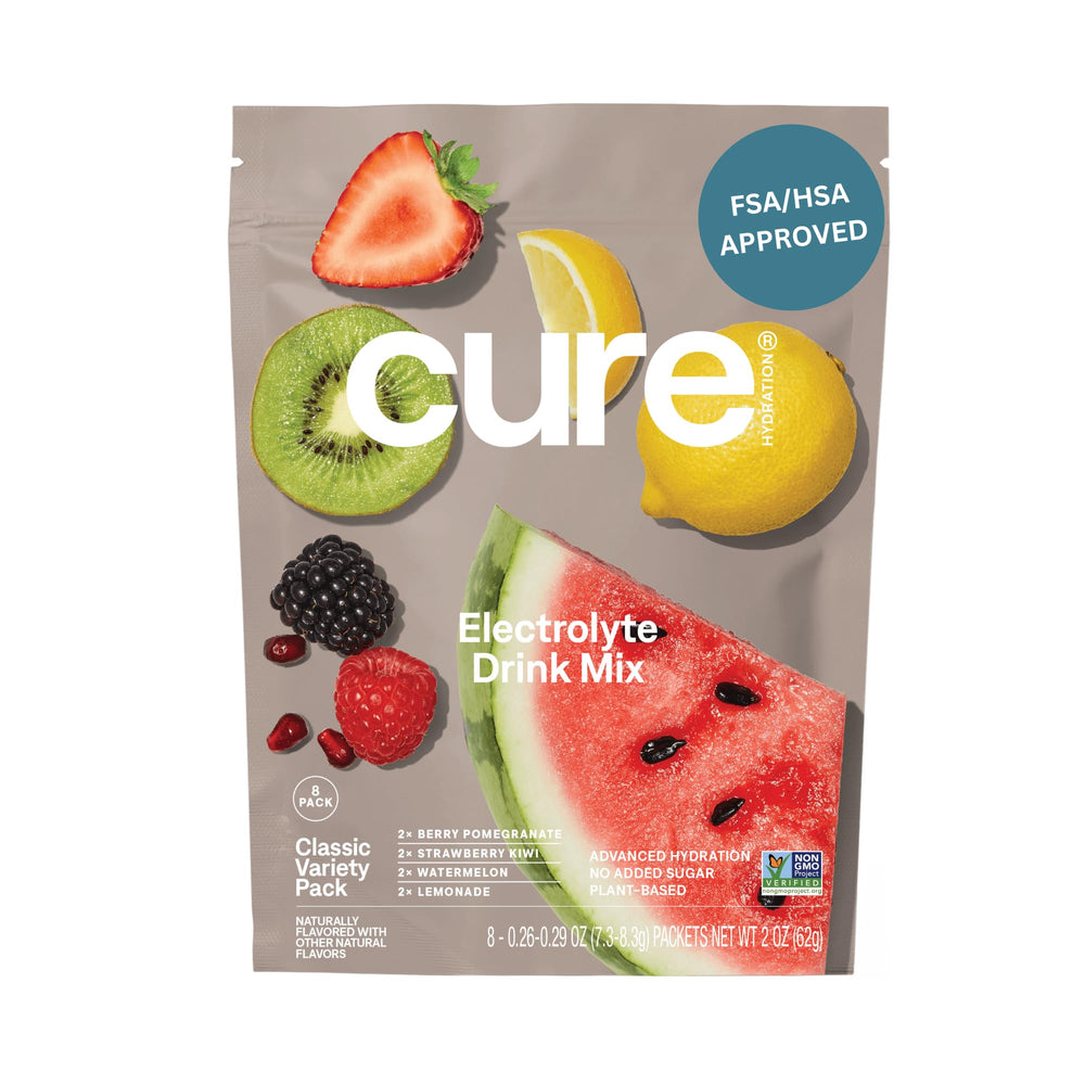Cure Hydration bottle pour demonstrates quick, portable hydration.
