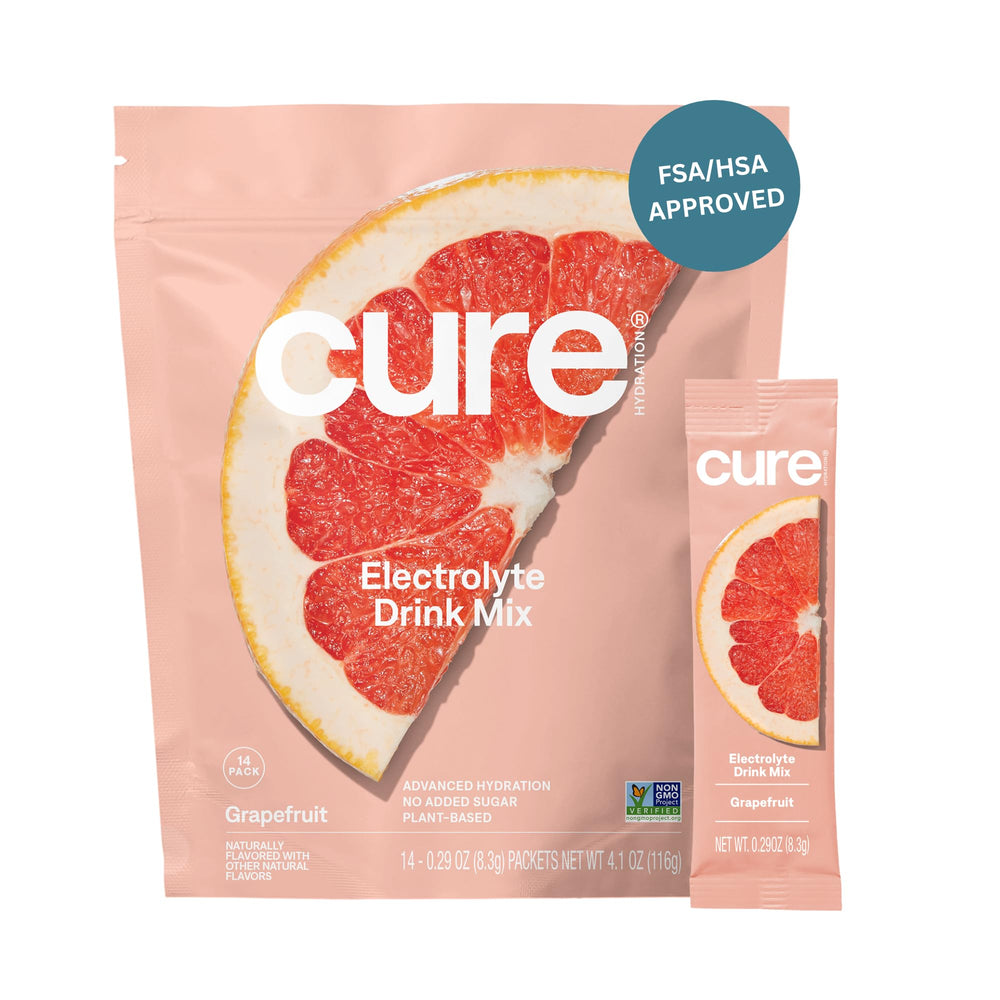 Cure Hydration grapefruit packets for convenient, on-the-go electrolyte support.