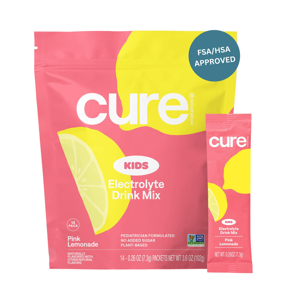 Cure Hydration Kids bottle with pink lemonade flavor for on-the-go hydration