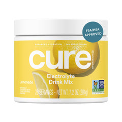 Cure Hydration Lemonade packet front highlighting plant-based electrolytes for easy hydration.
