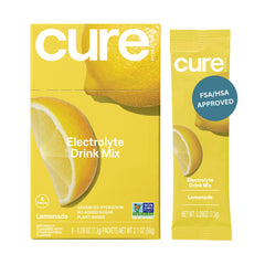 Cure Hydration Lemonade packet close-up showing vibrant powder and sugar-free formula.