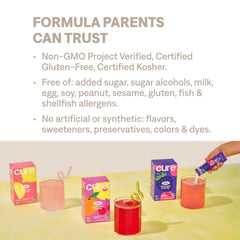 Cure Hydration no-added-sugar label, allergen-free formula for safer daily hydration.