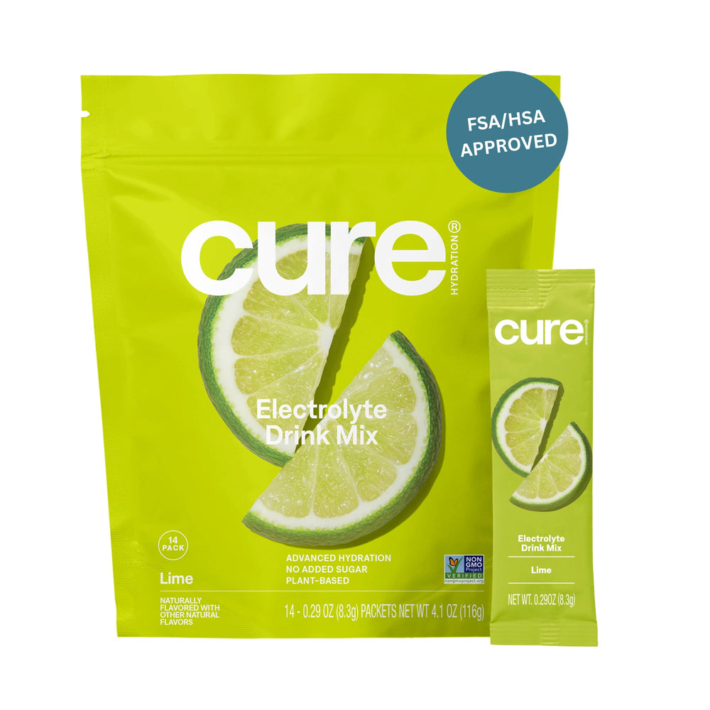 Cure Hydration lime powder in a pouch for quick, on-the-go hydration.
